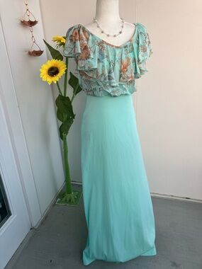 Vintage 70s Light Teal Blue Floral Semi Formal Maxi Dress with Capelet Style Top